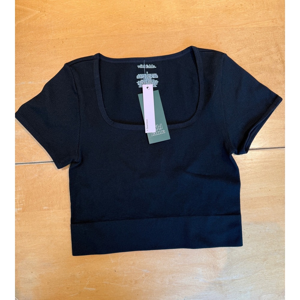 Wild Fable Womens Black Seamless Ribbed Square Neck Short Sleeve Crop Top Small